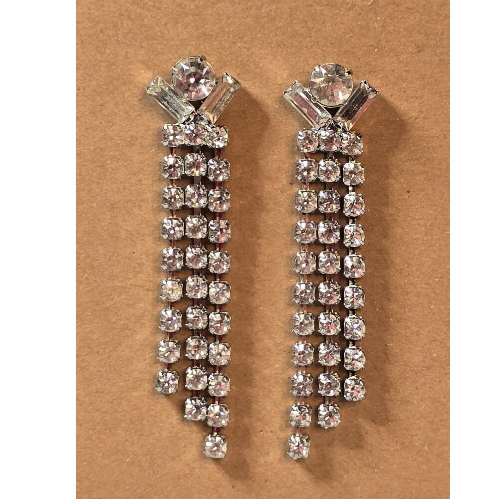 Rhinestone Waterfall Dangle Earrings Vintage Statement Glam Bridal Evening Style